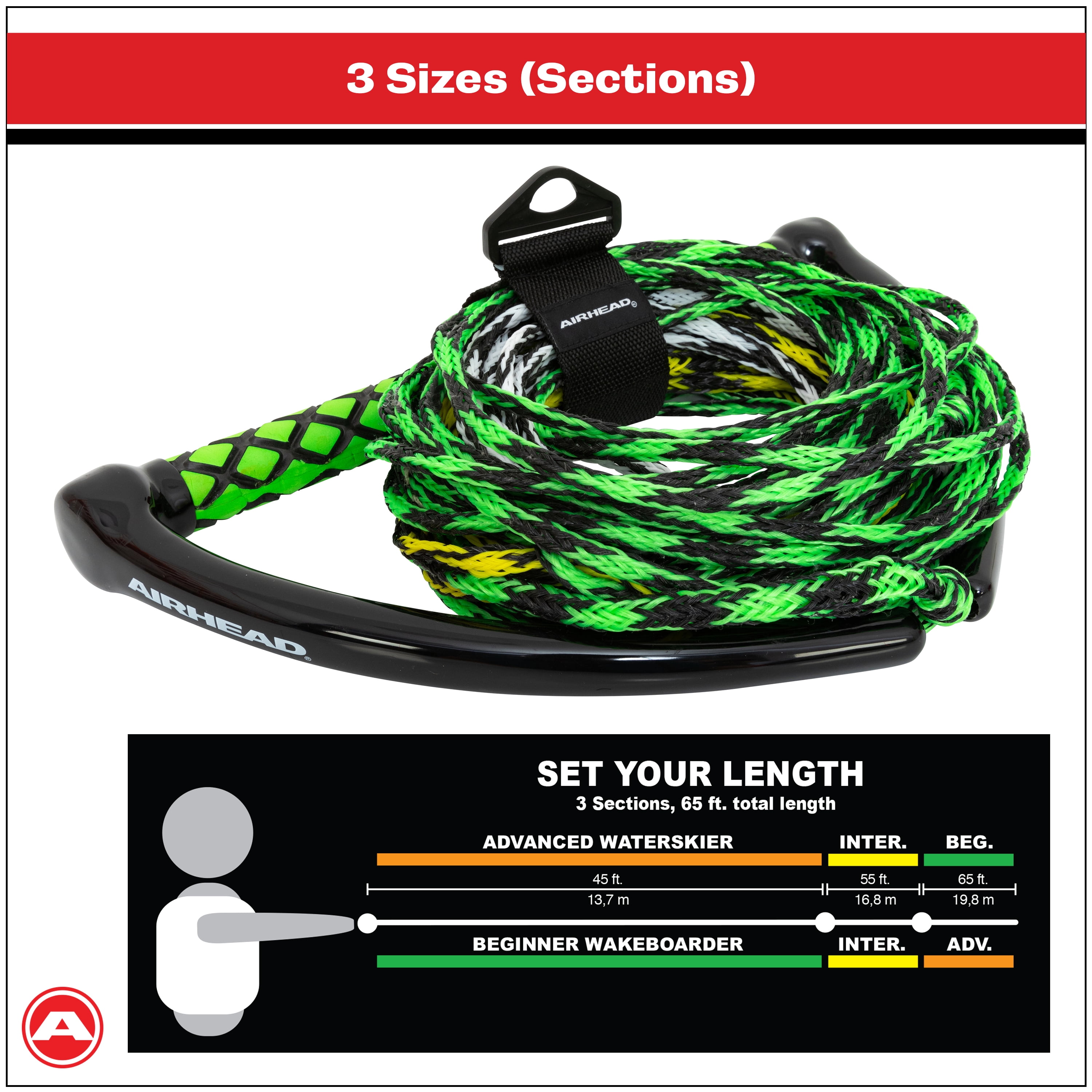 Airhead Watersports 65 Ft 3 Section Waterski Rope, Green