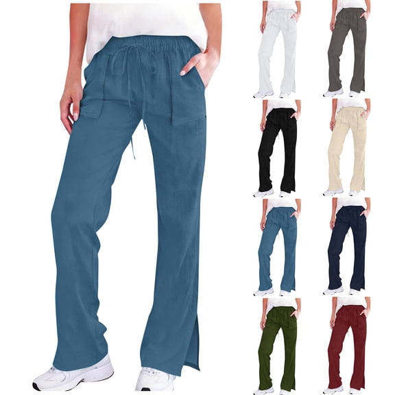 Linen Pants Women, Titcea Straight Elastic Waist Drawstring Flowy Split Hem Casual Pants with Pockets