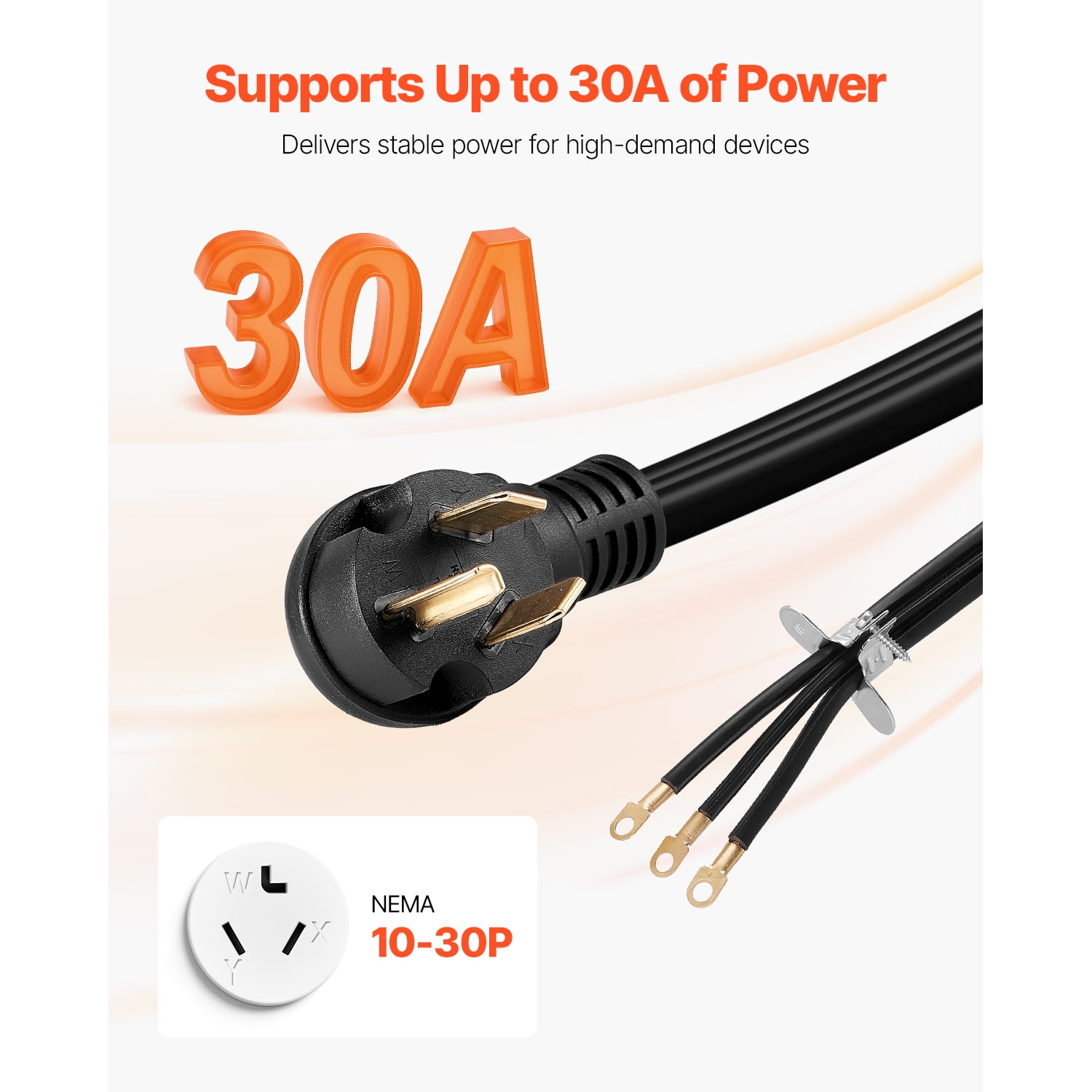 KFFKFF 10 ft Dryer Power Cord, 3-Prong NEMA 10-30P Appliance Cable with Eyelet Connectors, 125V/250V, SDRT 10AWG/3C, 30A, Copper Wire with PVC Tie, Suitable for Indoor & Outdoor Applications