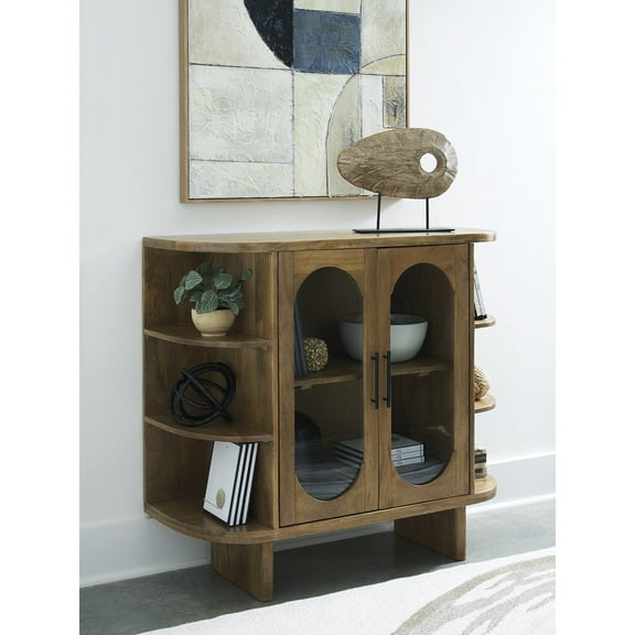 Signature Design by Ashley Niall Mid-Century Accent Cabinet, Solid Mango Wood, Light Brown, Glass Doors
