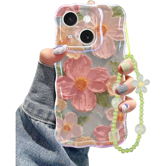 Oil Painting Flower Compatible with iPhone 14 Case, with Bracelet Chain, Colorful Retro Floral Cute Curly Wave Frame Women Girls Cover for Apple 14 (Green)
