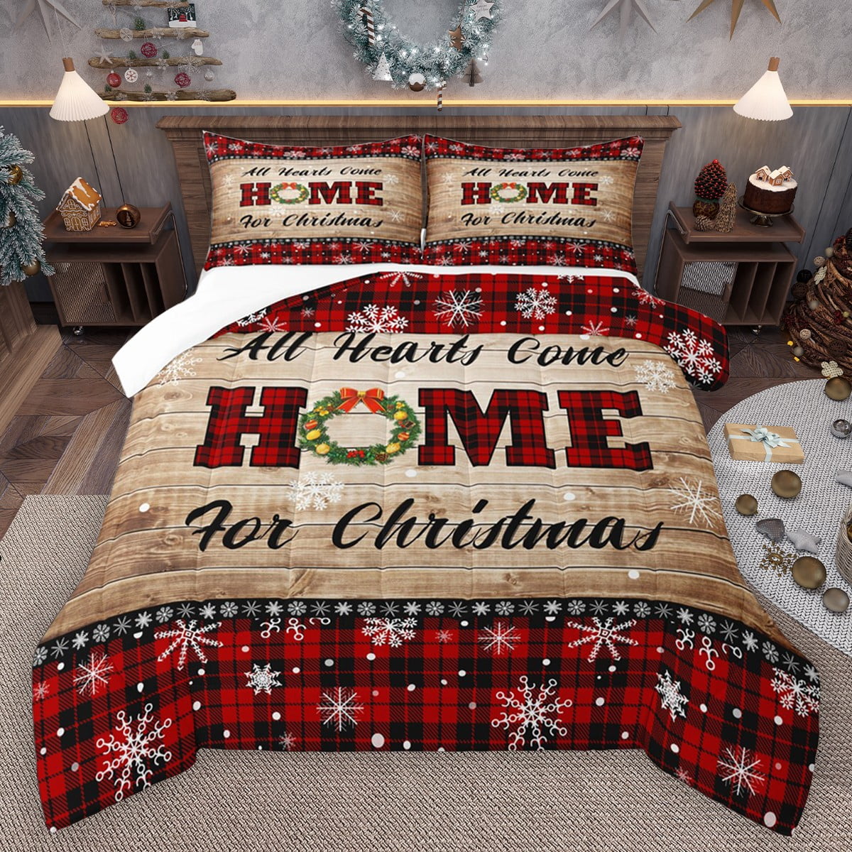 Homewish Merry Christmas Snowflake Boy Girl Bedding Comforter Set 2pcs Lodge Cabin Twin Comforter Sets Microfiber Geometric Plaid Breathable Bedding Set Ultra Soft Home Decor