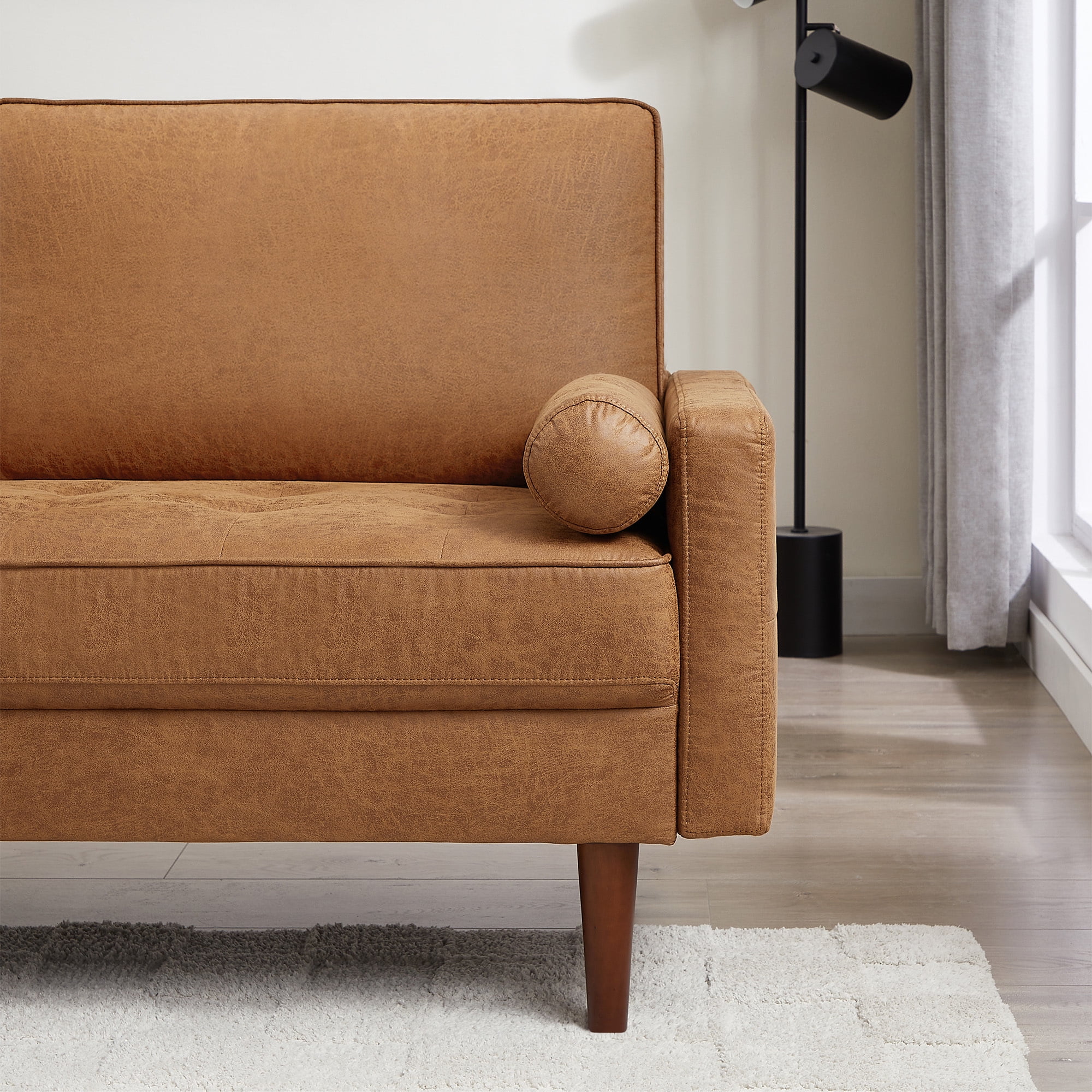 Homfa 2 Seat Leather Sofa with 2 Pillow, 57.5" Mid-Century Modern Loveseat Sofa Upholstered Tufted Couch Small Spaces Furniture for Living Room, Camel