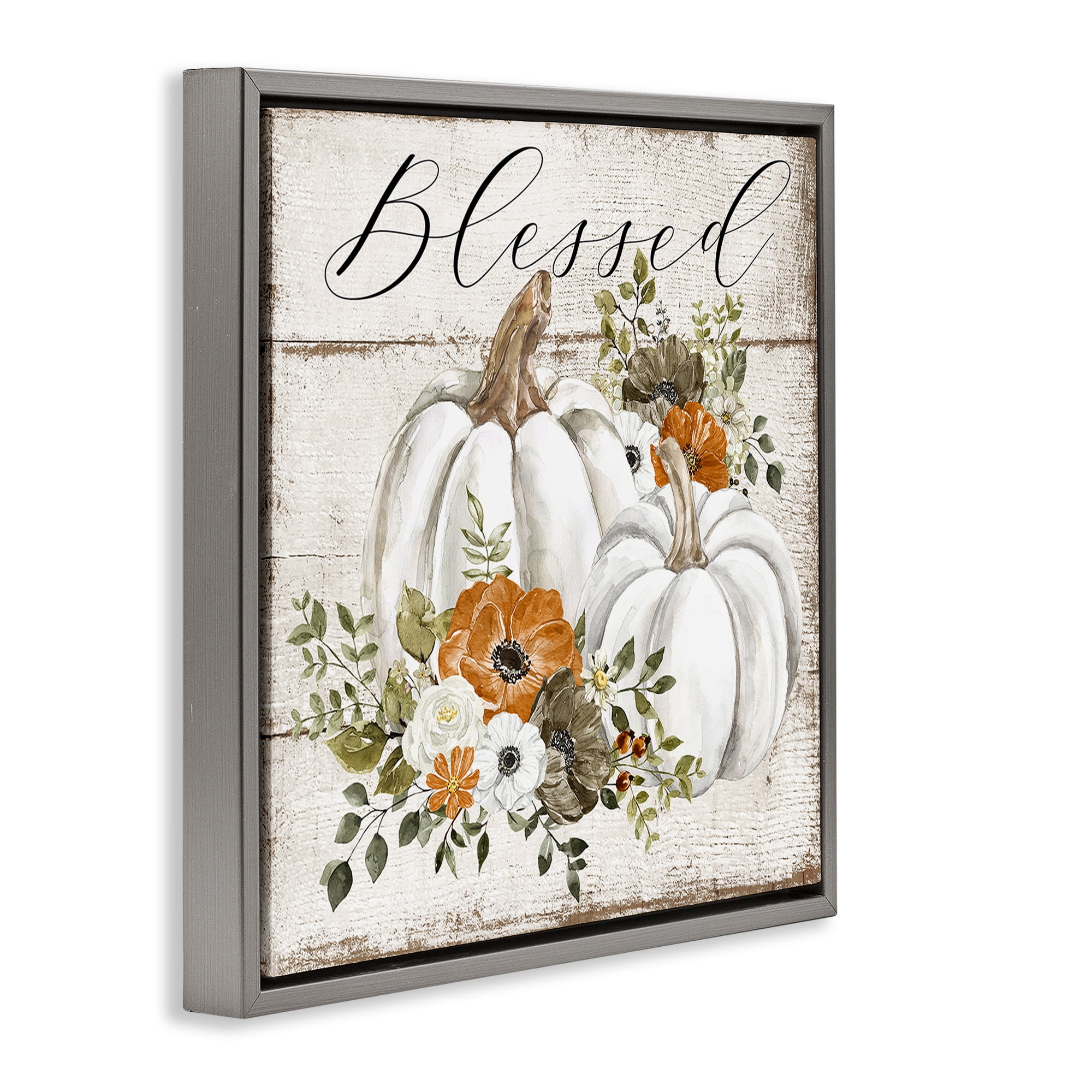 Stupell Industries Blessed Floral Pumpkin Holiday Painting Gray Floater Framed Canvas Art Prints Wall Art, 25 x 25