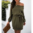 thumbnail image 1 of Vestido tipo jersey de manga larga, vestido tipo túnica holgado de gran tamaño con cuello en V y manga larga para mujer, vestido con cinturón de un solo hombro, eficiencia óptima, 1 of 6