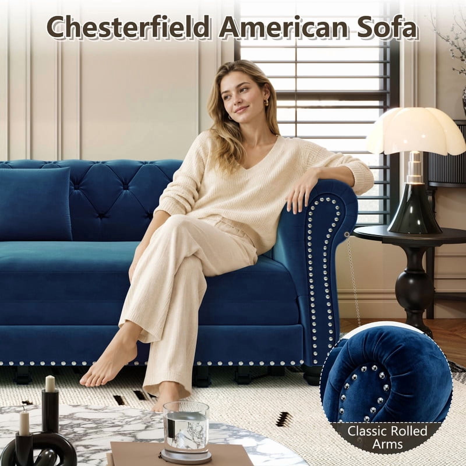 3-in-1 Pull-Out Sofa Bed, 89'' Chesterfield Sofa, Convertible Sleeper Sofa Bed, King Size Sofa Bed, Chaise Lounge, Tufted Design Velvet 3-Seater Sofa with Movable Ottoman