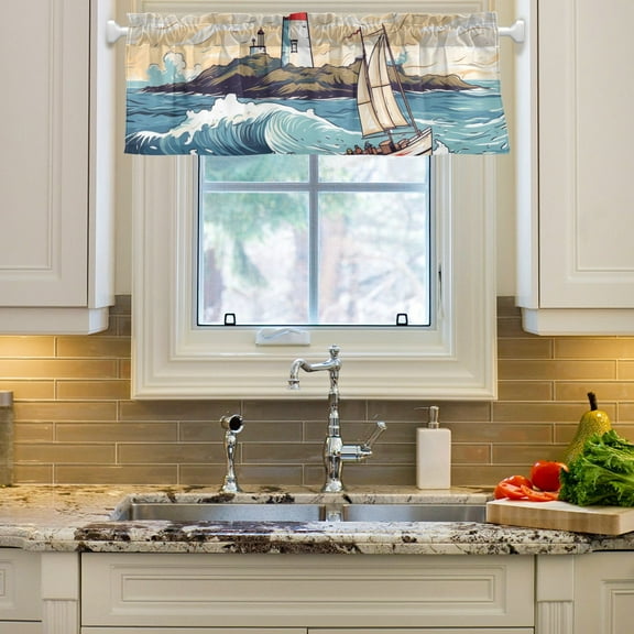 Lighthouse Ship Waves Island Curtain Valances Farmhouse Design Window Treatment Decor Blackout Rod Pocket for Windows Living Room Kitchen 54" x 18"