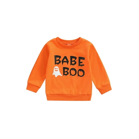 

Baby Halloween Long Sleeve Pullover Ghost Capital Letters Printed Patchwork Casual Loose Fit Streetwear Tops