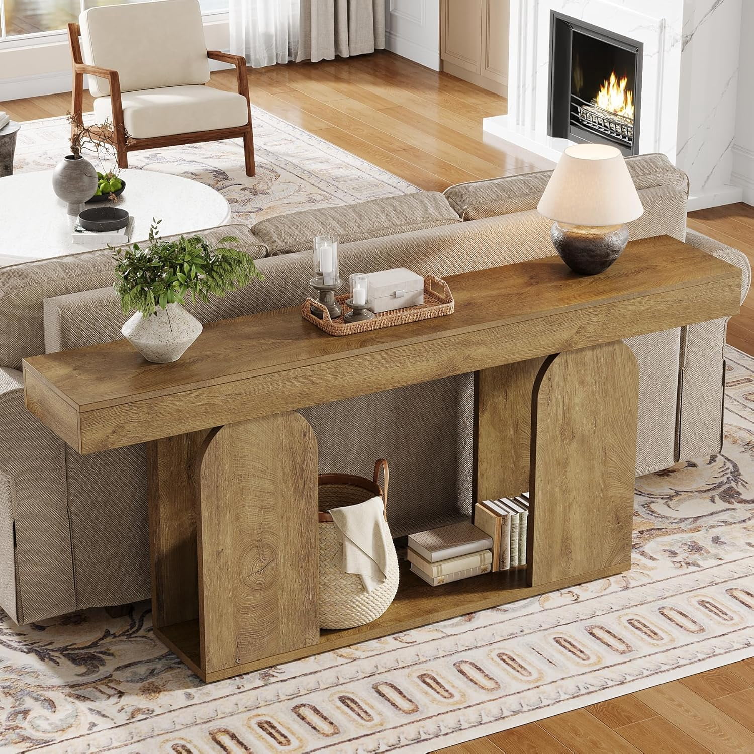 Finmind Farmhouse Wood Console Table, 70.9-Inch Entryway Accent Table with U-Shaped Base