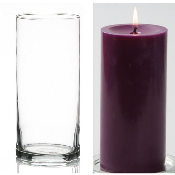 Richland Pillar Candle 6" & Eastland Cylinder Holder 7.5" Purple Set of 12