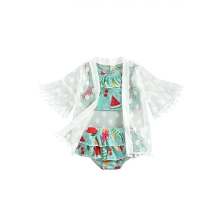

Binpure Baby Girls Bikini Set Watermelon Print Ruffled Tops with Briefs and Dots Tasseled Cover-up