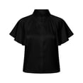 thumbnail image 4 of Uootdi Work Tops for Women Stand Collar Flutter Short Sleeve Button Front Plain Satin Womens Shirts Straight Fit Business Casual Silky Summer Blouses for Women, 4 of 5