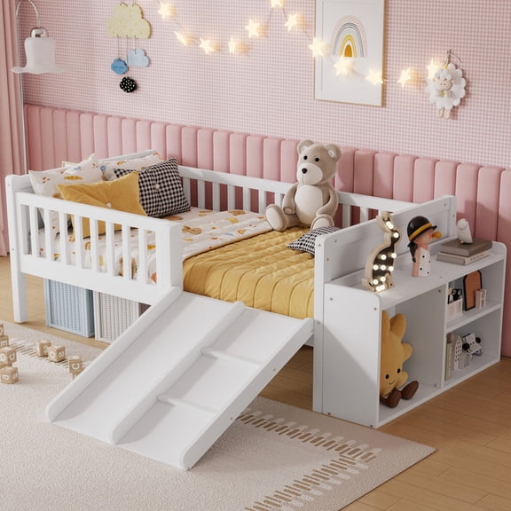 Mirightone Twin Size Low Loft Bed with Slide & Ladder,Loft Bed Frame with Movable Bookshelf Storage, Safety Guardrails, No Box Spring Needed, Easy Assembly (White)