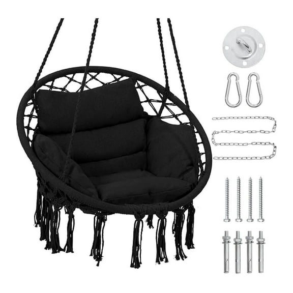 Macrame Hammock Hanging Swinging Chair with Medium Cushion, Perfect for Bedroom, Porch, Adults, Balcony, Black