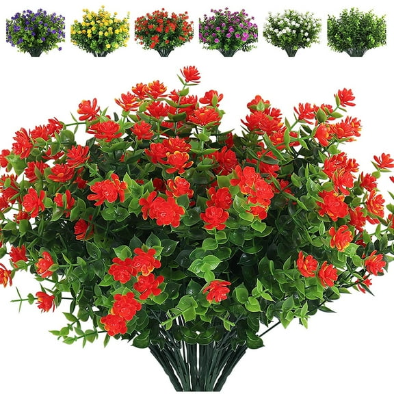 Morttic 6 Pcs Artificial Flowers, Outdoor UV Resistant Fake Plants Faux Greenery Shrubs Plastic Flowers for Indoor Outside Home Garden Wedding Office Decor(Orange Red)