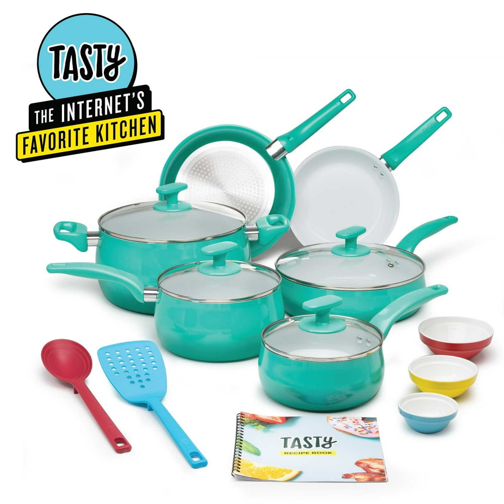 Tasty Ceramic TitaniumReinforced Cookware Set, Ombre Green, 16 Piece