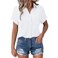 thumbnail image 2 of KIHOUT Women's Crinkle Gauze Button-Down Shirt Short Sleeve Rolled Cuff Split Hem Casual Cotton Blouse, 2 of 7