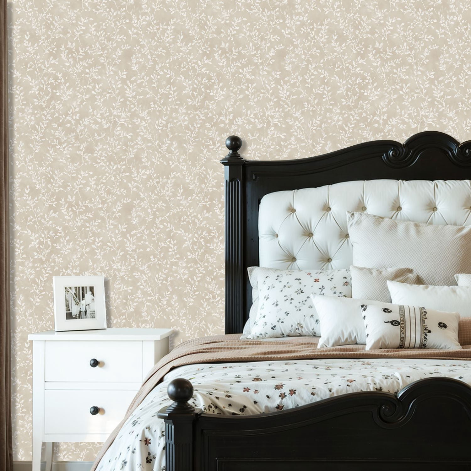 Peel and Stick Wallpaper Elegant Beige Floral Vine Delicate White Leaves Wall Mural 23.6in x 9.8ft Self Adhesive Removable Wall Paper Renter Friendly Wallpaper for Nursery Bedroom Cabinets