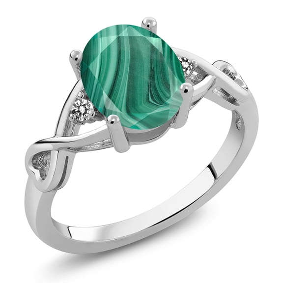 Gem Stone King 2.56 Ct Oval Green Malachite White Diamond 925 Sterling Silver Ring (Size 9)