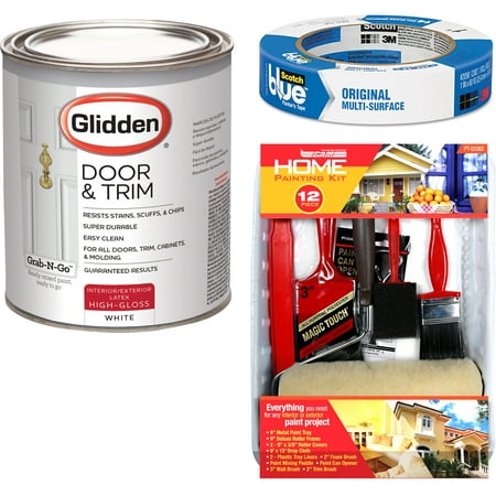 Glidden Door & Trim Paint White High Gloss Interior/Exterior 1 Quart with ScotchBlue Painters Tape Original Multi-Use, .94in x 60yd(24mm x 54,8m (Best Paint For Cupboard Doors)