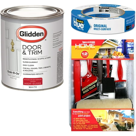 Glidden Door & Trim Paint White High Gloss Interior/Exterior 1 Quart with ScotchBlue Painters Tape Original Multi-Use, .94in x 60yd(24mm x 54,8m (Best Varnish For Exterior Doors)