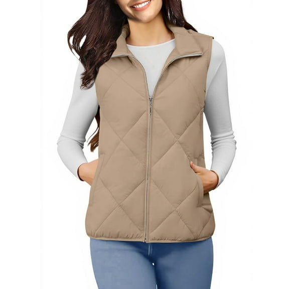 Gpaecead Women's Sleeveless Puffer Vest With Zip, Fleece Lined Warm Tank With Inner Pocket Khaki