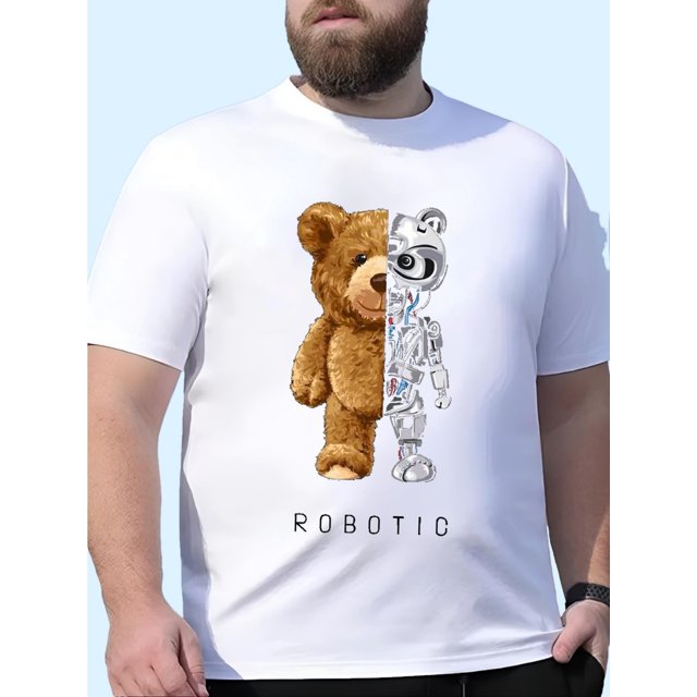 Men's Regular Size Cotton T-Shirt with Robotic Bear Print - Casual, Breathable & Stretchy Crew Neck Tee for Spring/Summer/Fall, REGULAR SIZE, Casual Sporty Tee, Summer Gifts