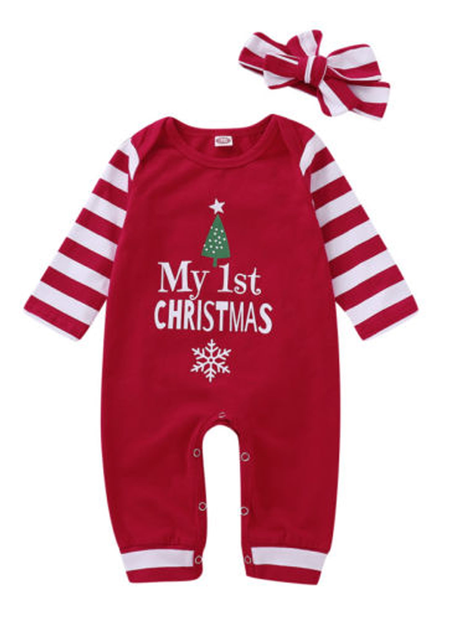 My 1st Christmas Outfit Toddler Infant Baby Striped Long Sleeve Romper Jumpsuit Xmas Footless Bodysuit 