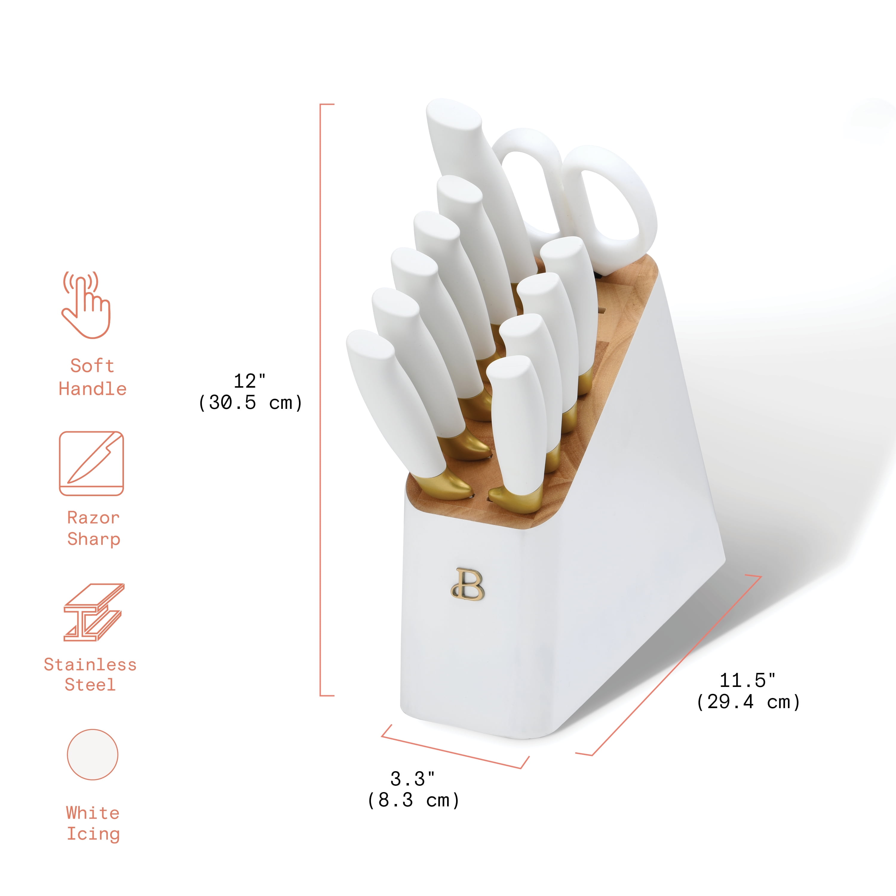 Beautiful 12 Piece Knife Block Set with Soft-Grip Ergonomic Handles White and Gold by Drew Barrymore
