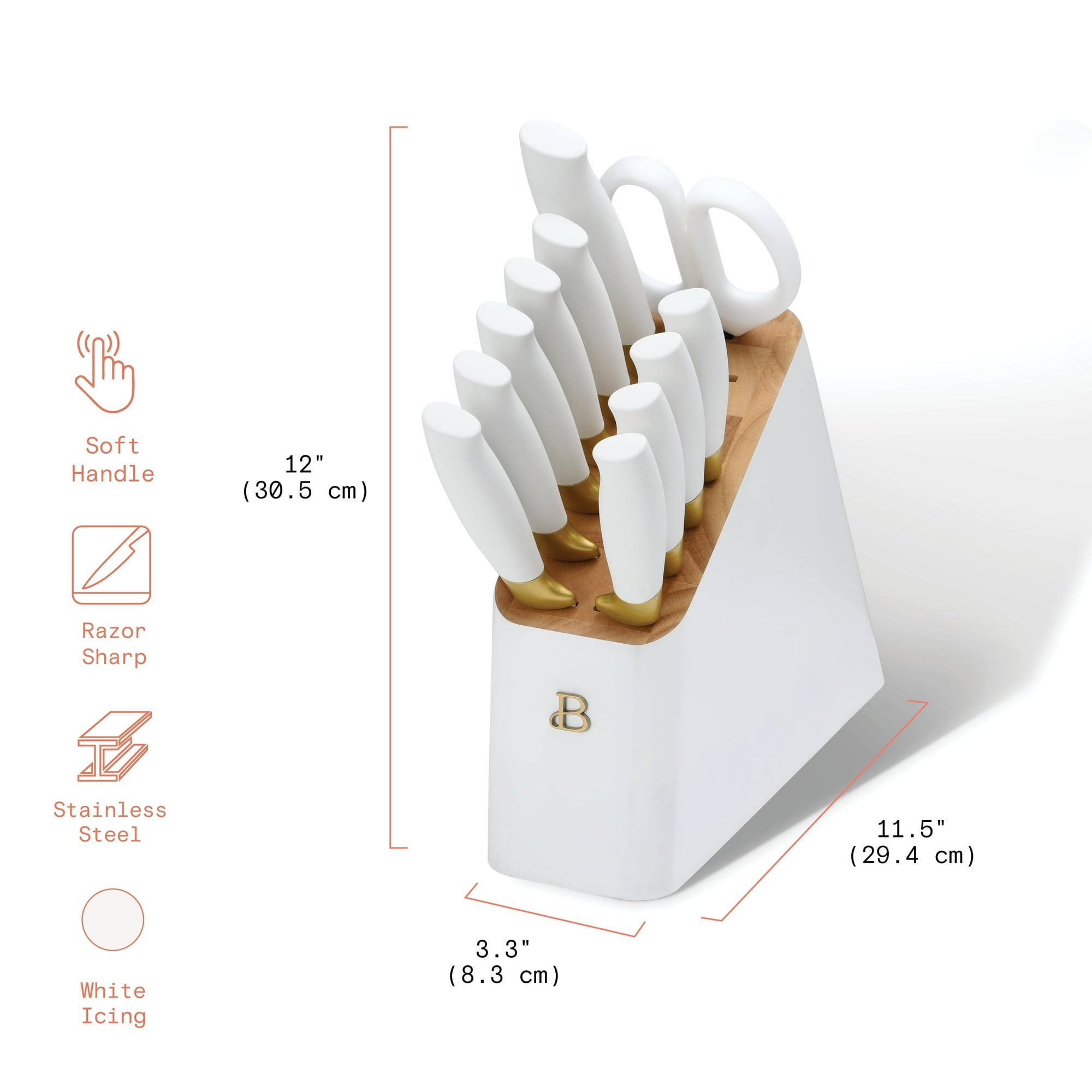 Beautiful 12 Piece Stainless Steel Knife Block Set, Soft-Grip Handles White Icing by Drew Barrymore