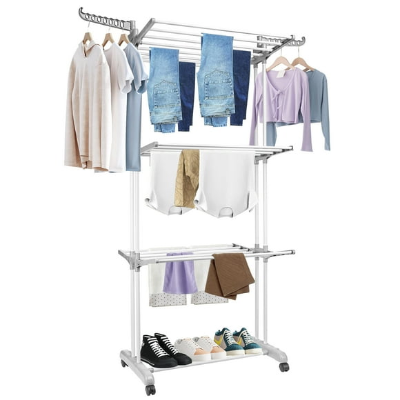 Foldable 4-Tier Clothes Drying Rack, Garment Laundry Hanger Rack with 2 Side Wings and 4 Casters - SortWise