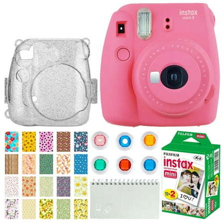 Semi Hard Camera Case - Fujifilm Instax Mini 9 Instant Camera (Flamingo Pink) + Fujifilm Instax Mini Twin Pack Instant Film (20 Exposures) + Glitter Hard Case + Colored Filters + Album (White) + Sticker Frames Nature Package