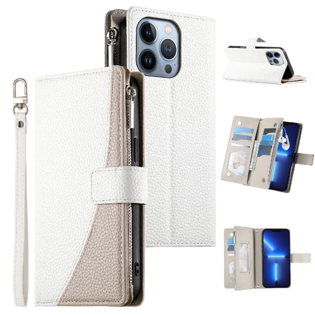 Funda cartera GANGXUN para iPhone 13 Pro , cuero PU con tarjetero, cremallera, correa de mano, soporte y protección 639°