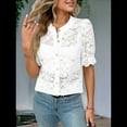 thumbnail image 6 of Womens Lace Short Puff Sleeve Casual Eyelet Crew Neck Button Down Shirts White M, 6 of 7
