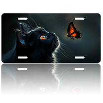 1 Pcs 2D Flat License Plate Covers & Frames, Black Cat and Butterfly For Decorative Front, Waterproof For Decoration Aluminum License Plate Covers & Frames Cover For Men Women, 12" X 6"