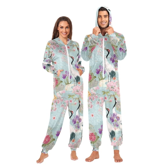FORMRS Onesies Pajama for Adults Unisex Hoodie Winter Jumpsuit One Piece Sleepwear, Sizes S-2XL, Green Floral Cranes Pattern