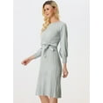thumbnail image 3 of DARING DIVA Knit Belted Crew Neck Lantern Sleeves Pleated Sweater Dresse XS Grey, 3 of 6