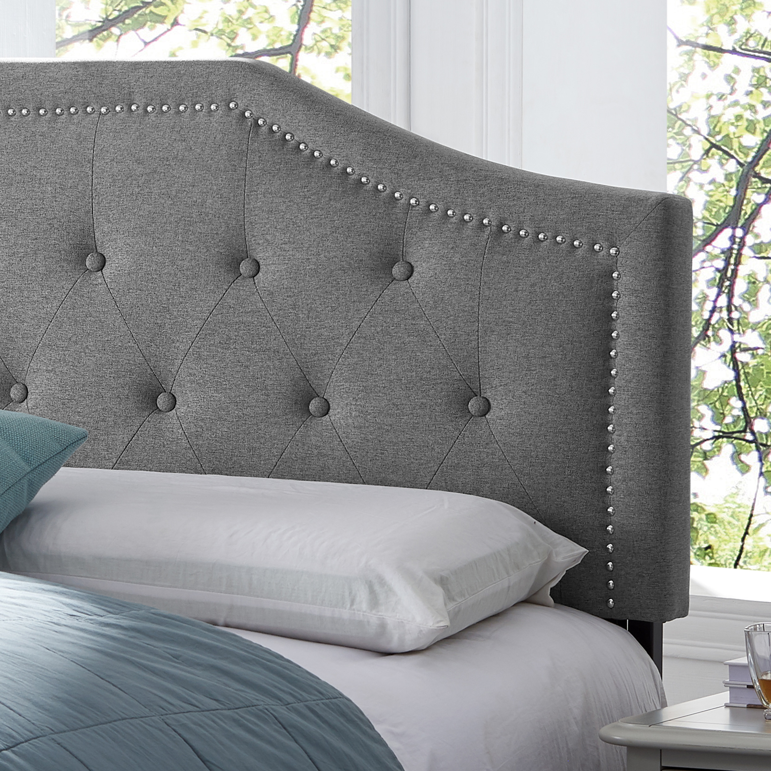 Noble House Rigley Contemporary Fabric Upholstered Queen/Full Headboard, Charcoal Gray and Black