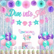 Mermaid 5th Birthday Party Decoration, Dive into Five Banner Garland Cupcake Cake Topper Sash Fringe Curtain Paper Pom Poms Fan Honeycomb Ball Latex Balloon for 5th Birthday Decorations Girl