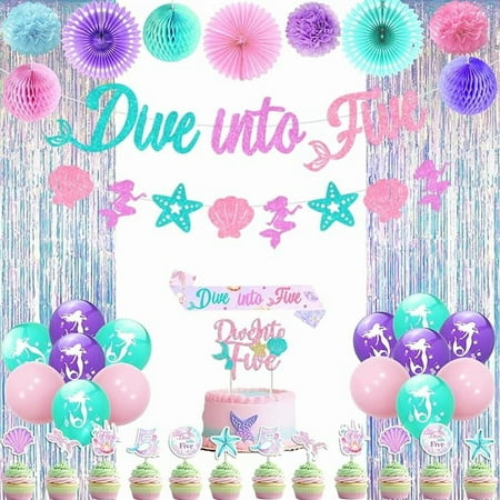 Mermaid 5th Birthday Party Decoration, Dive into Five Banner Garland Cupcake Cake Topper Sash Fringe Curtain Paper Pom Poms Fan Honeycomb Ball Latex Balloon for 5th Birthday Decorations Girl