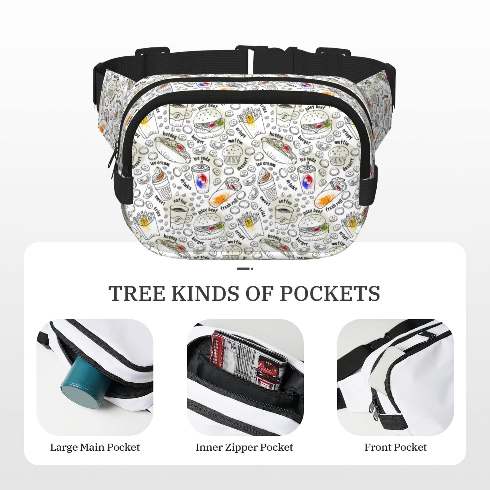 Picia Fastfood 2 Print Square Double-Layer Waist Bag Mini Adjustable Waist Belt Bag Exercise Running Travel Hiking