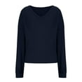 thumbnail image 6 of Olyvenn Stylish Womens V Neck Waffle Knit Sweater Loose Casual Blouse Plus Size Cropped Top Long Sleeve Pullover Crop Sweater Navy 12, 6 of 6