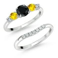 thumbnail image 3 of Gem Stone King 10K White Gold Black Sapphire Yellow Sapphire and White Lab Grown Diamond 5 Stone Bridal Engagement Wedding Ring Set for Women (1.07 Cttw, Round: 5MM and 3MM, Size 5), 3 of 4