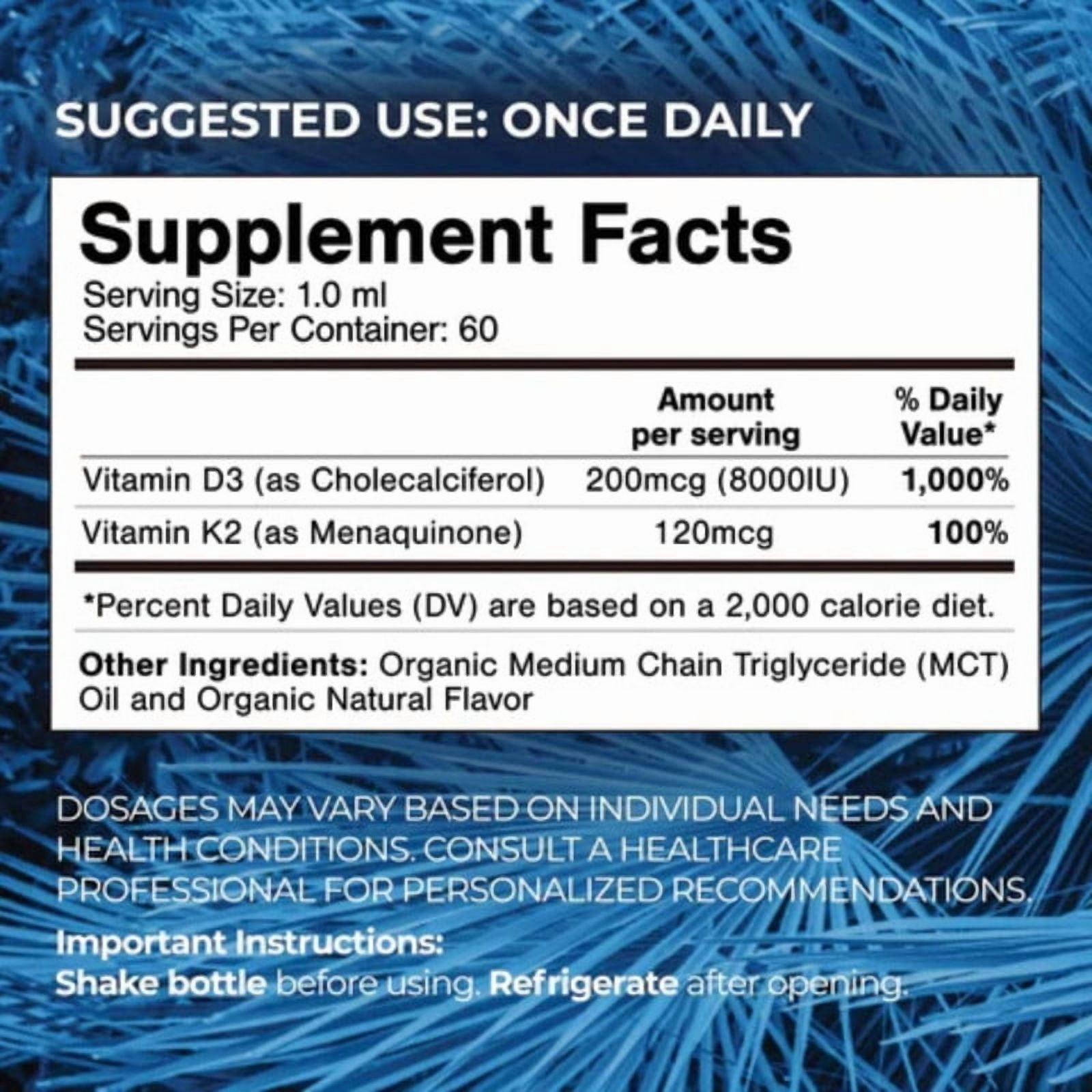 Tropical Oasis USDA Organic Superdose Vitamin D3 + K2 Drops for Adults, Liquid Vitamin Supplement for Immunity Boost, Bone Support, Heart & Skin Health, Tropical Fruit, 2 fl oz, 60 Servings
