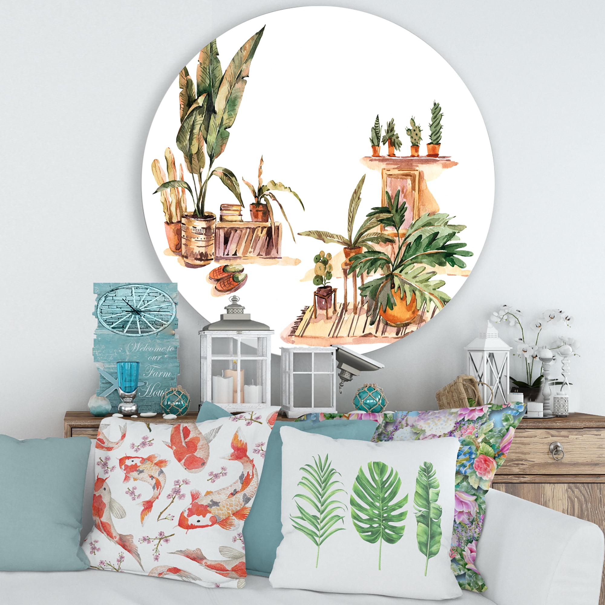 Designart 'Indoor House Plants Urban Jungle in Flowerpots III' Traditional Circle Metal Wall Art 29x29 - Disc of 29