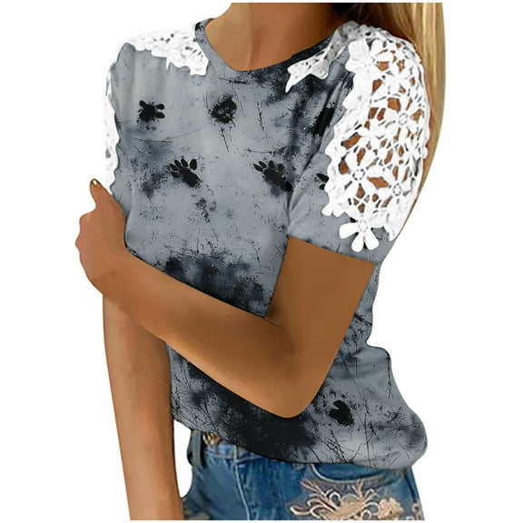 Hvot&aat Womens Cute T-Shirt Round Neck Short Sleeve Lace Crochet Blouses Wildflower Graphic Tees Spring/Summer Clothing