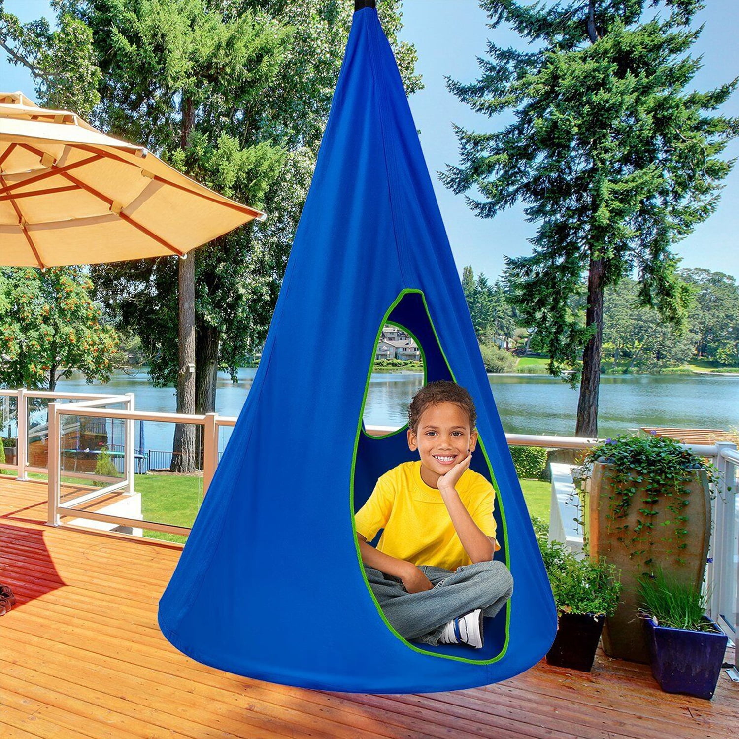 Kids Hanging Tent Hammock Swing Outdoor Playhouse with Two Windows, Holds up to 250LBS