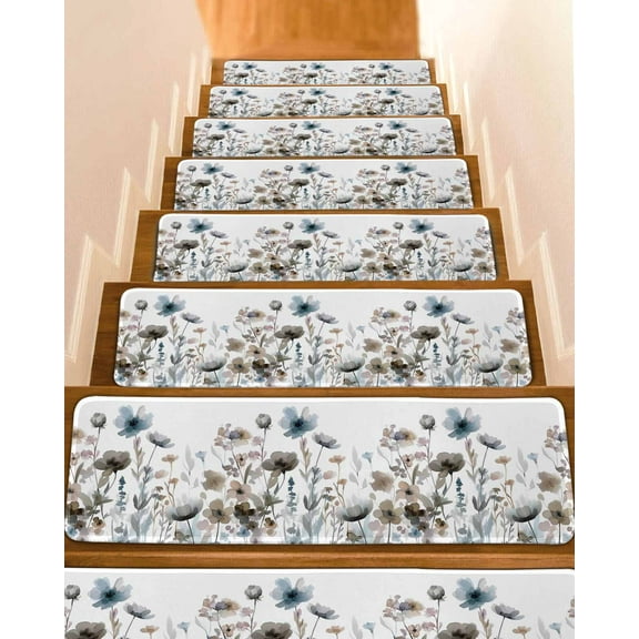 Blue Grey Pink Spring Floral Stair Treads for Wooden Steps Indoor Runner Rug Carpet, Watercolor Botanical 15 Pieces Peel and Stick Staircase Step Treads Covers Washable Throw Door Mats, 30"x8"