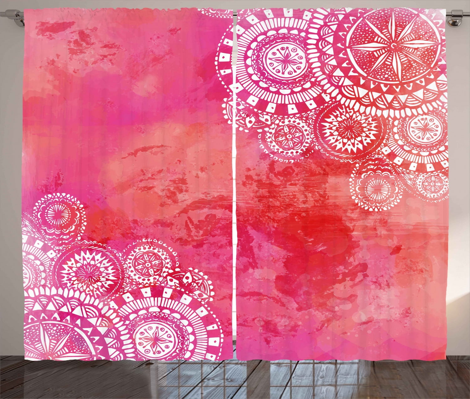 Mandala Curtains 2 Panels Set, Pink Watercolor Paint Background with
