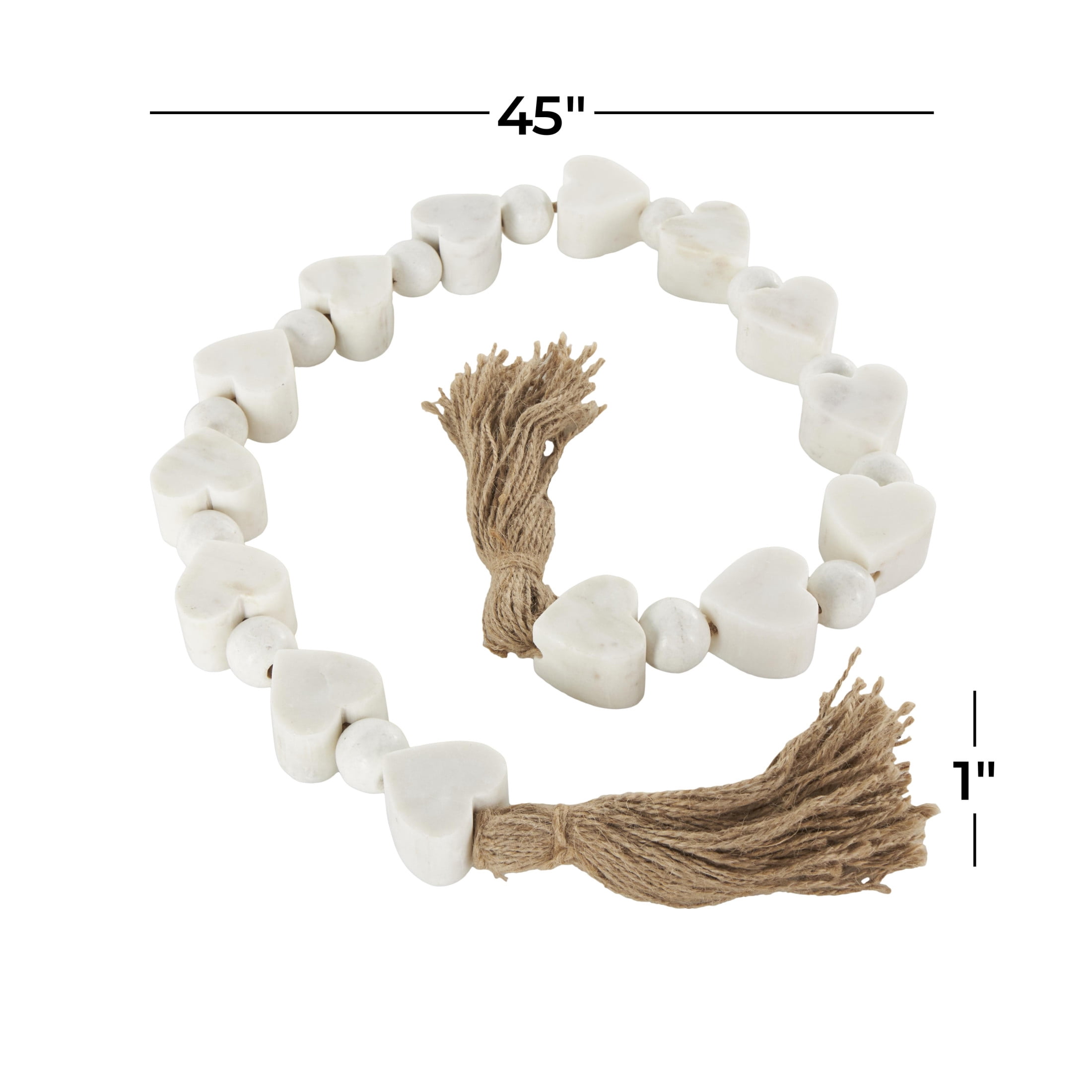 DecMode Handmade White Marble Heart Garland with Tassel with Knotted Jute